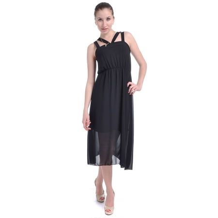 Length Cut Out - Anna-Kaci S/M Fit Black Cut Out Style Straps Nipped Waist Maxi Length Dress