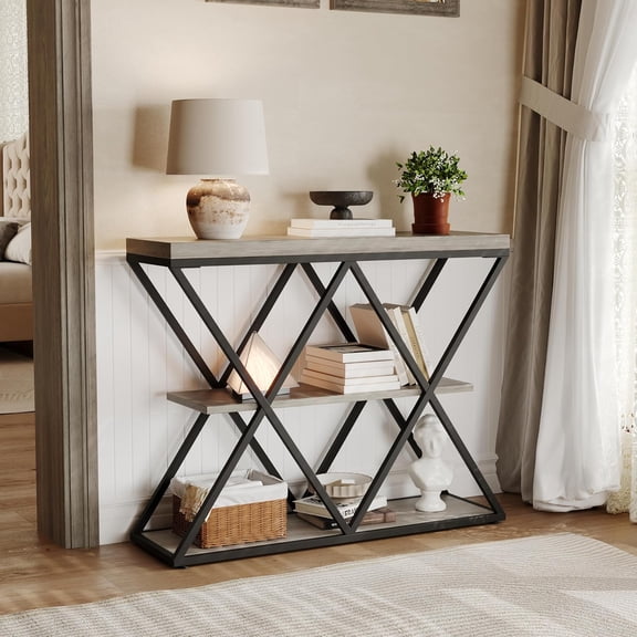 39" Entryway Table - 3 Tier Narrow Console Sofa Table with Storage Shelf, X-Shaped Metal Frame, Industrial Accent Tables for Living Room Hallway, Foyer - Grey