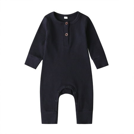 

Franhais Baby Boy Girl Button Romper One Piece Knit Ribbed Long Sleeve Long Pants Jumpsuit