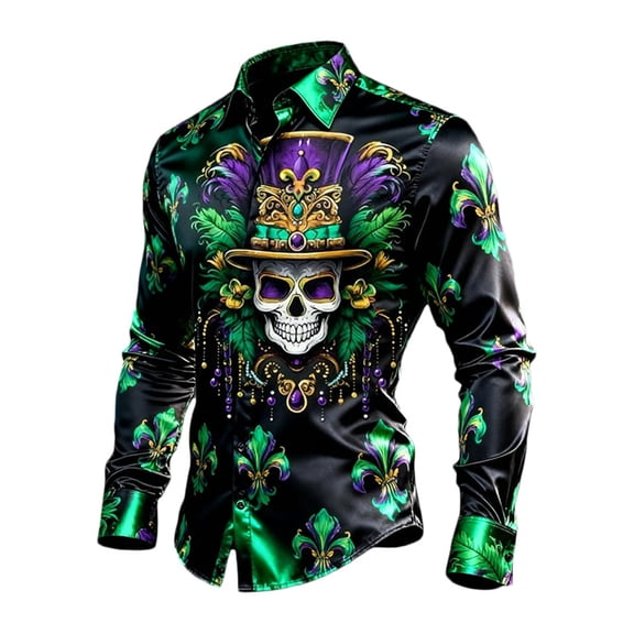 CONZONE Men's Buttons Down Shirts Long Sleeve Mardi Gras Shirts For Men Trendy Carnival Skeleton Graphic Lapel Soft Lightweight Tops