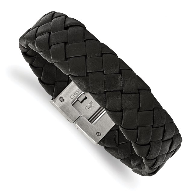 Bracelet en Cuir Noir Brossé en Acier Inoxydable 8.5 Po