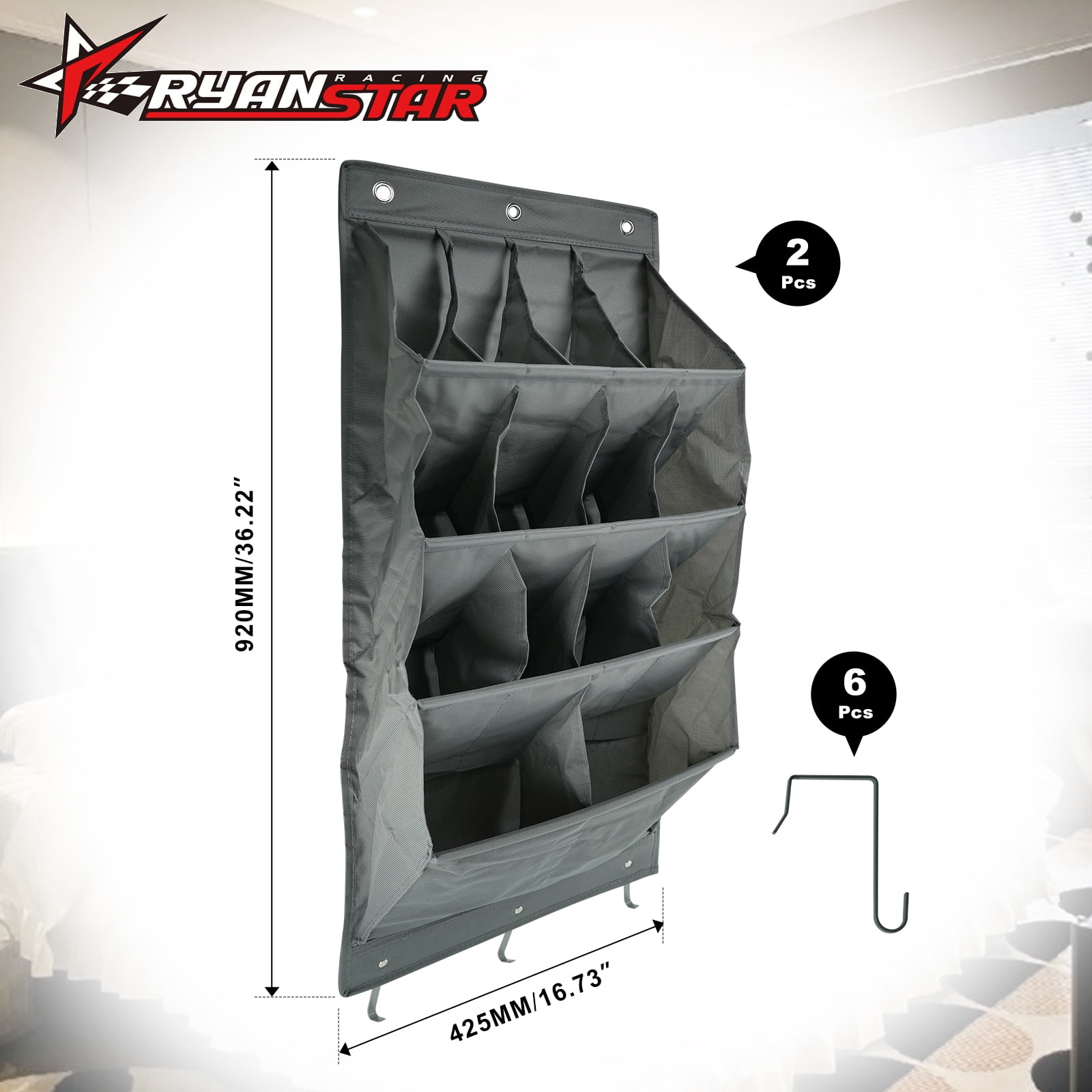 RYANSTAR RACING 2Pcs Over Door Shoe Organizer, 14 Deep Pockets, Hanging Shoe Rack Storage for Wall, Door & Closet,Gray Shoe Holder, Closet Organizers & Storage
