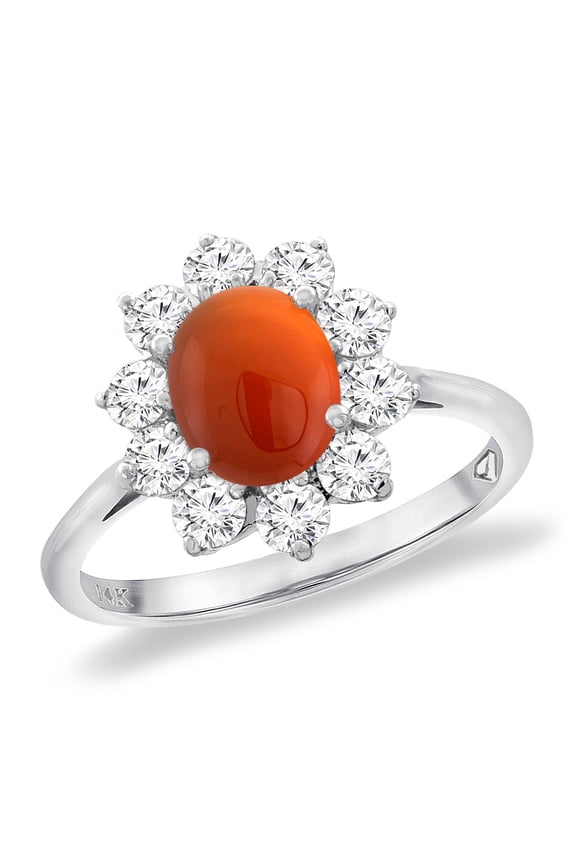 14K White Gold Diamond Natural Brown Agate Engagement Ring Oval 8x6 mm, size 9