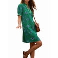 thumbnail image 4 of Summer Dresses for Women Boho Floral Puff Short Sleeve V Neck Trim Casual Mini Dress Sundress Deep Green L, 4 of 9