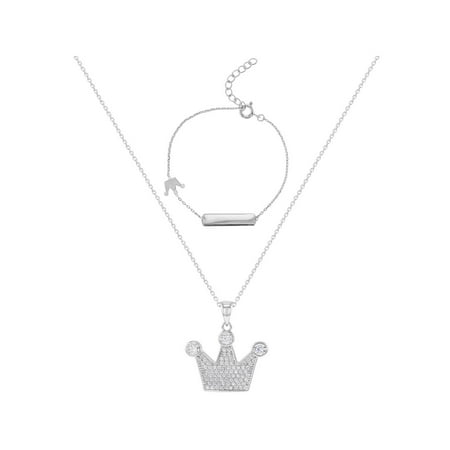 925 Sterling Silver Clear CZ Crown Necklace & Bracelet Children's Jewelry (Best Way To Clean Cz Jewelry)