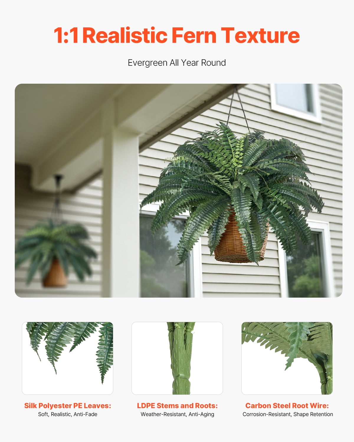 VEVOR Artificial Ferns 2 Pcs, Natural Spread Diameter 43-47 Inch, Large Hanging Artificial Boston Ferns, Fake Plant Wall Decor with 50 Branches, Faux Fern for Home and Office (Flowerpot Unincluded)