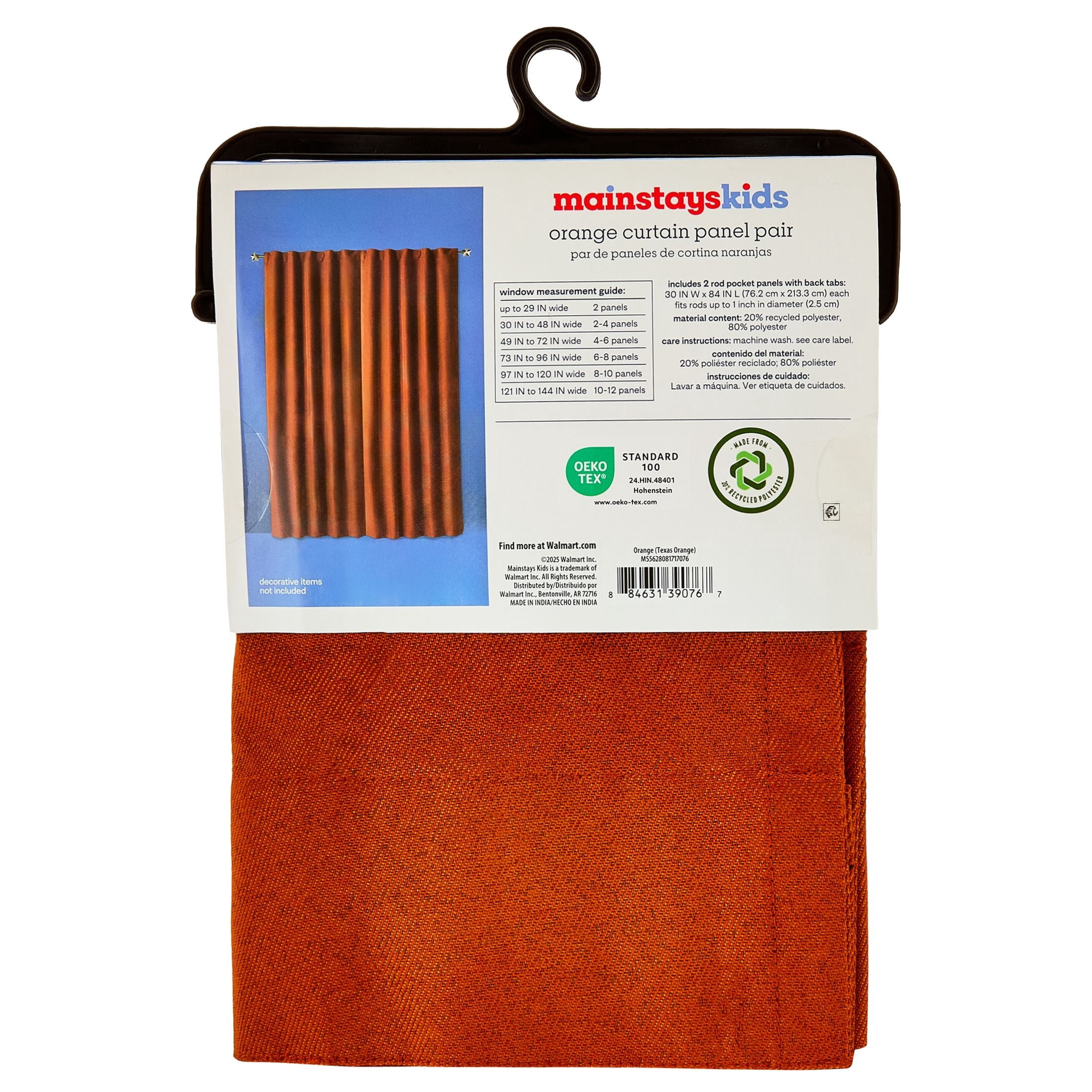 Mainstays Kids Orange Solid Blackout Rod Pocket with Back Tabs Curtain Panel Pair, Set of 2, 30" W x 84" L