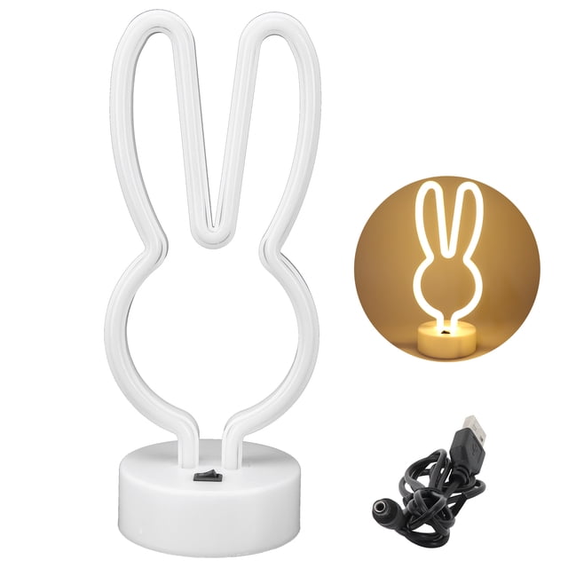 Lámpara de neón con forma de conejo, luz de neón LED, decoración de mesita de noche, con Base USB/alimentada por batería, Color cálido