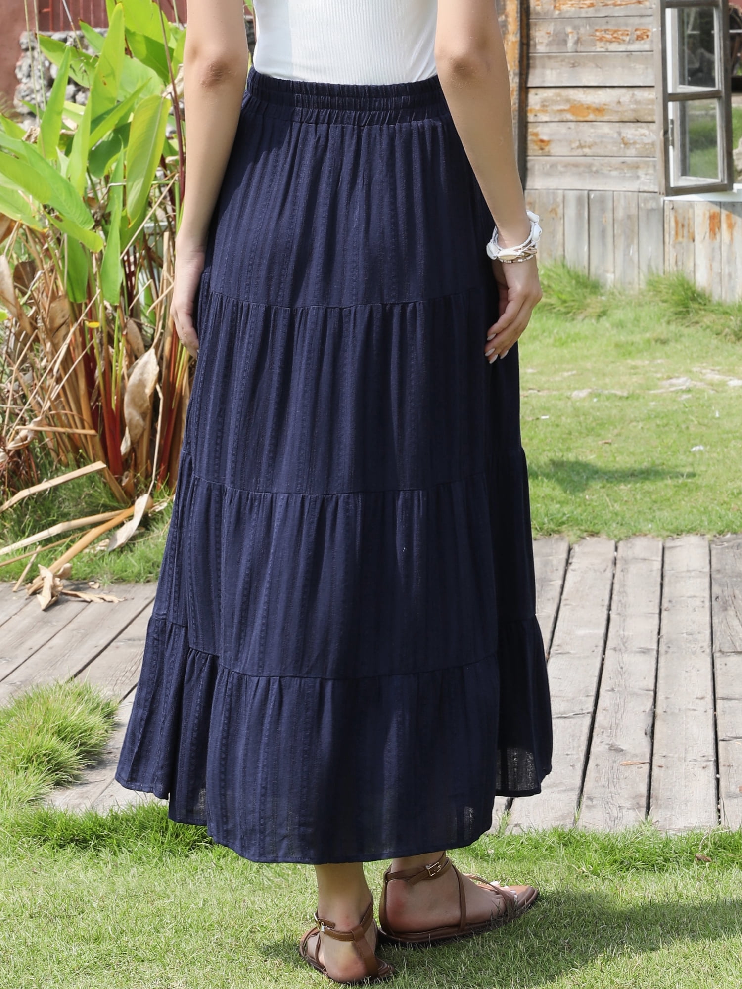 DARING DIVA Women's Summer Maxi Skirts Flowy Ruffle A-Line Skirt Large Dark Blue