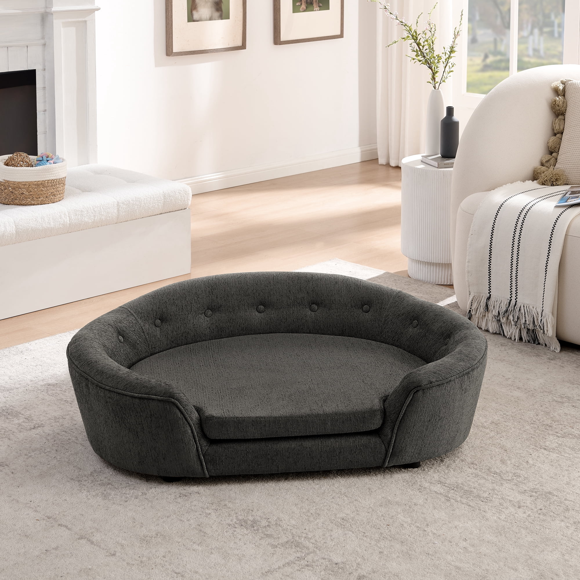 Oval Semi-Enclosed Dog Sofa, Durable Linen Material, Button-Tufted Backrest, High-Center Low-Sides Support & Plush Comfort, Dark Gray