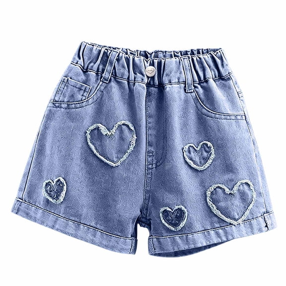 Likimi Toddler Child Girls Denim Shorts With Hearts Loose Fit Solid Color Elastic Waistband Summer Fashion Comfort Trousers Blue Size 2-3 Years