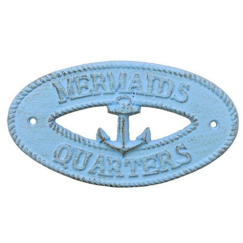Rustic Light Blue Cast Iron Mermaids Quarters with Anchor Sign 8" - Metal Wall Plaque - Cast Iron Nautical Decor Sign