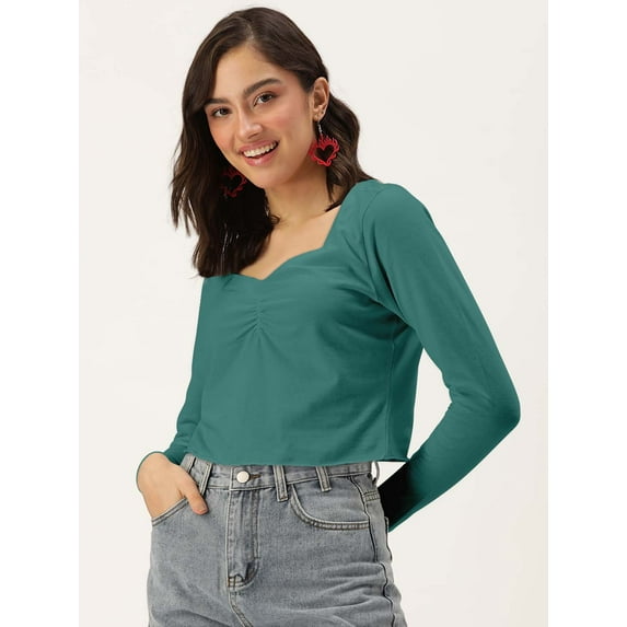 DressBerry Women's Solid Cotton Jersey Top Casual Summer Long Sleeves Sweetheart Neck Western Style Slip-On Light Weighted Loose Fitted Blouse Top