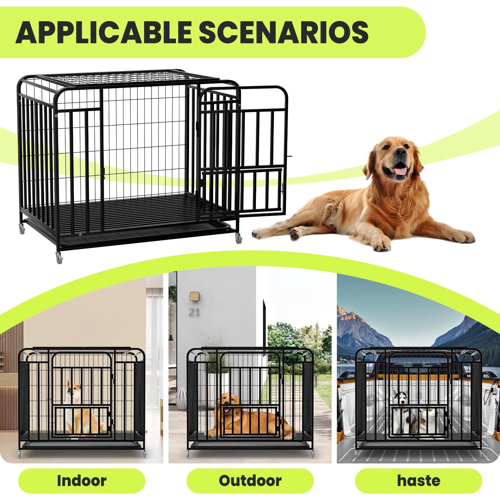ZhuotongHeavy Duty Metal Dog Crate with Wheels, 36.4in, Lockable Top Door & Removable Tray, Indoor Outdoor Kennel for Small to Medium Dogs