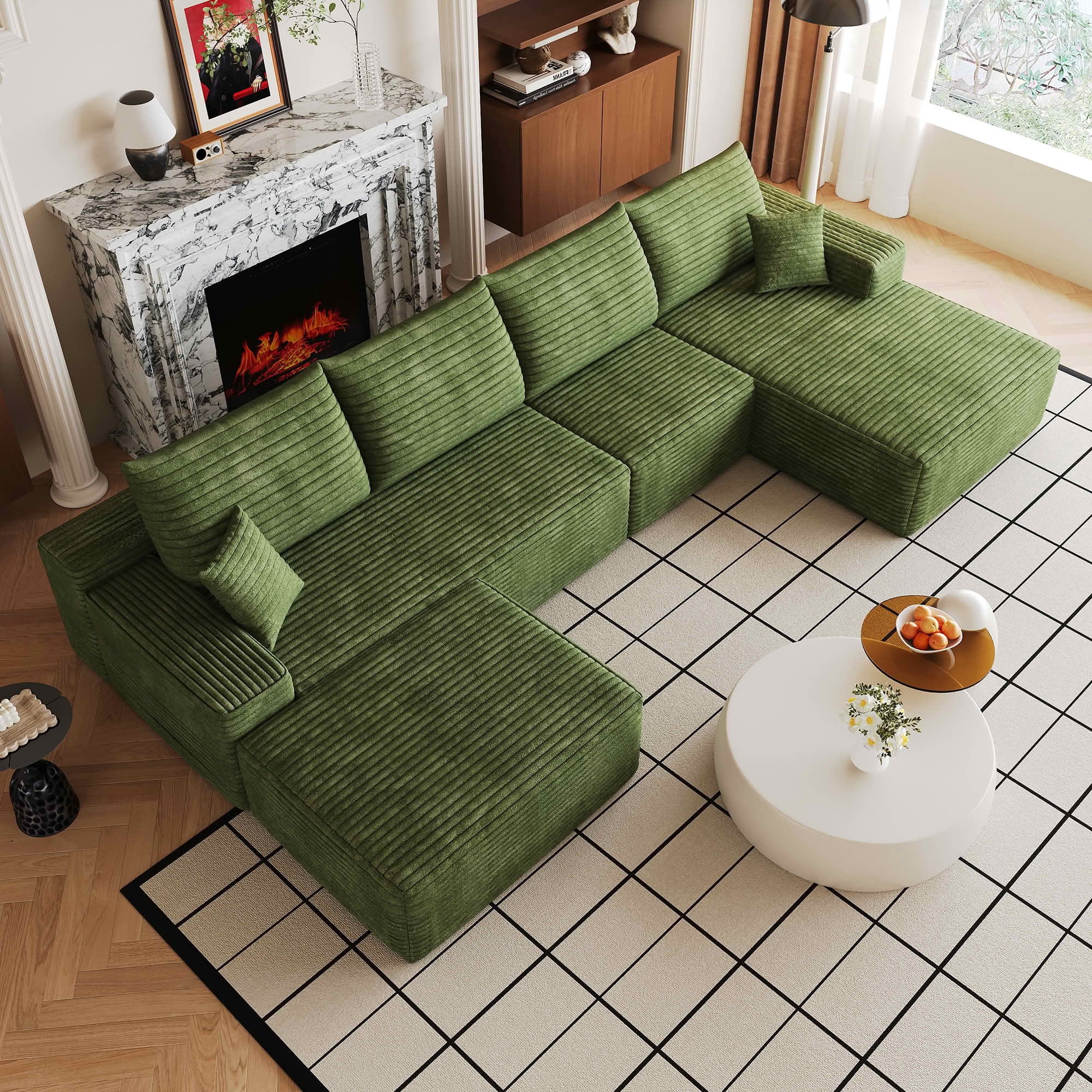 MAYEERTY 135-Inch Green Plush Corduroy 5-Seat U-Shaped Cloud Modular Sectional Sofa, Deep Seat Corner Couch with Ottoman No Assembly Required