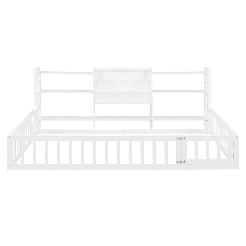 Full Size Floor Bed Platform Bed with Side Bookcase and 3-Tier Storage Shelves, Solid Wood Low Profile Montessori Floor Bed with Safety Guardrails for Kids, Boys, Girls