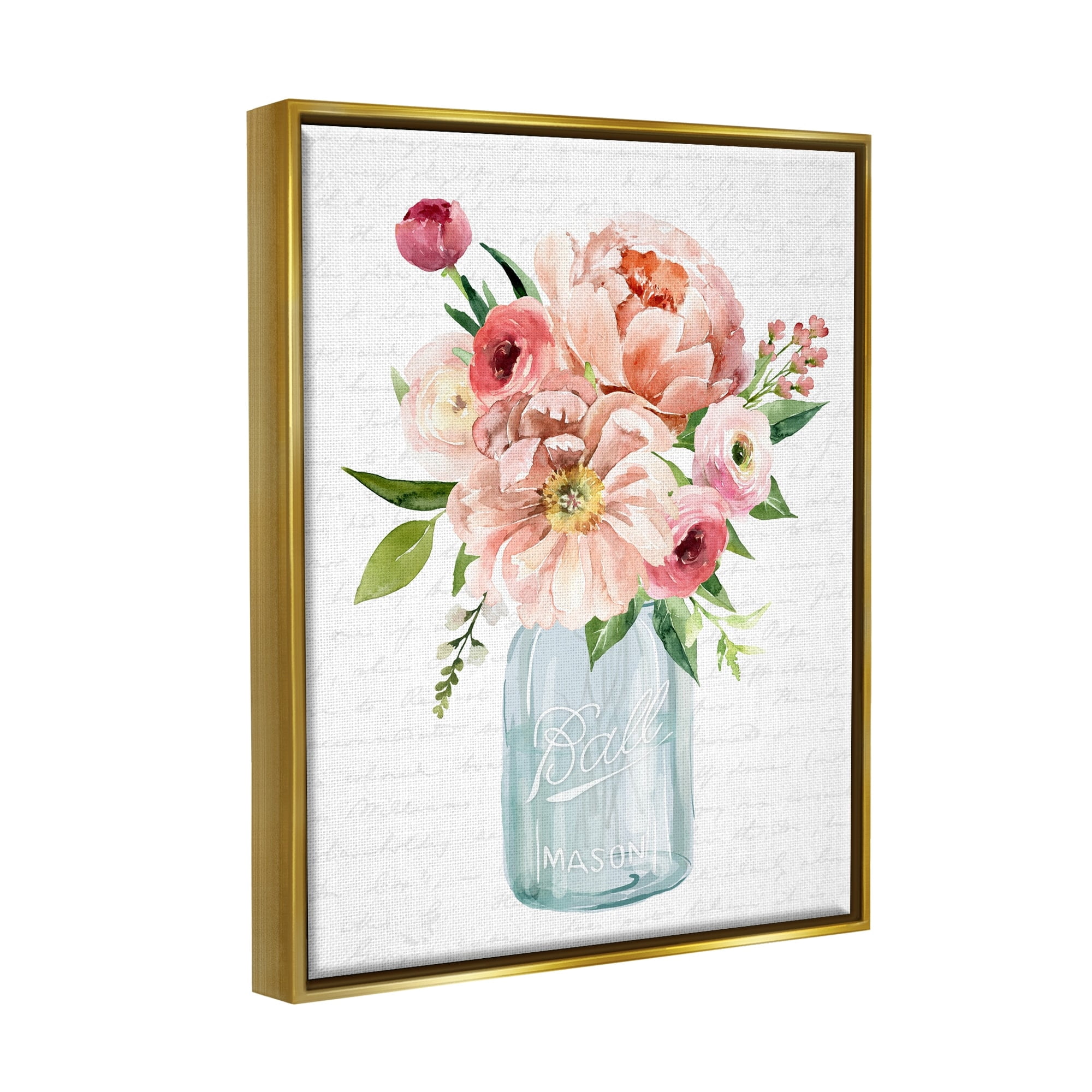 Stupell Industries Pink Peony Flowers Jar Arrangement Script Pattern Graphic Art Metallic Gold Floating Framed Canvas Print Wall Art, Design by Lettered and Lined