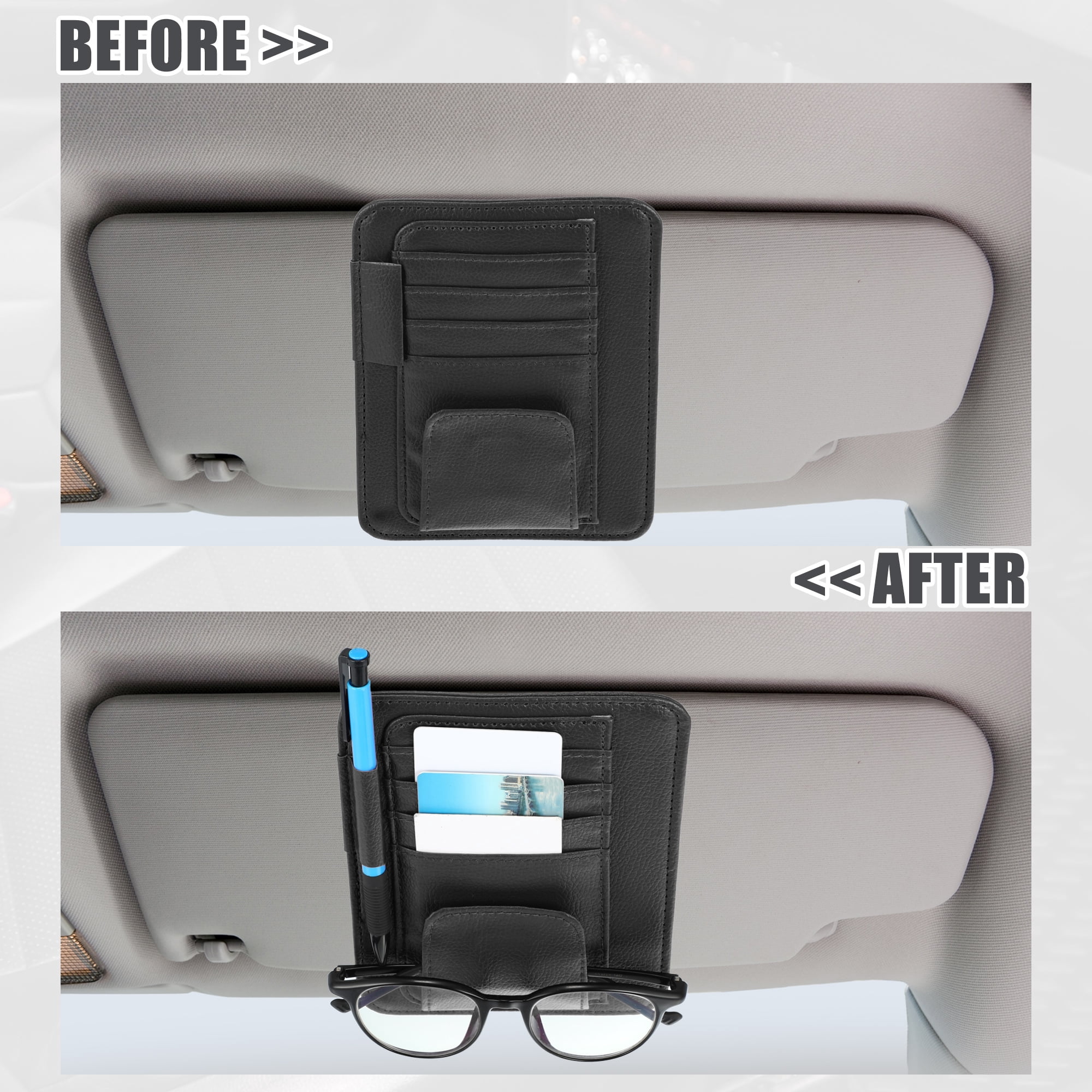 Unique Bargains PU Leather Car Sun Visor Organizer Glasses Holder and Card Holder Black