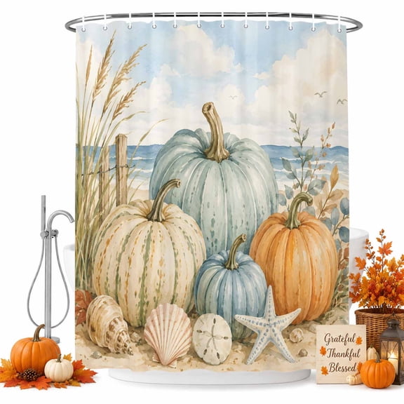 Coastal Pumpkins Shower Curtain Set - 48" x 72" Washable Bathtub Curtain with 12 Hooks, Fall Vintage Nautical Starfish Beach Waves Waterproof Fabric Stall Shower Curtains for Bathroom/Bathtub Décor