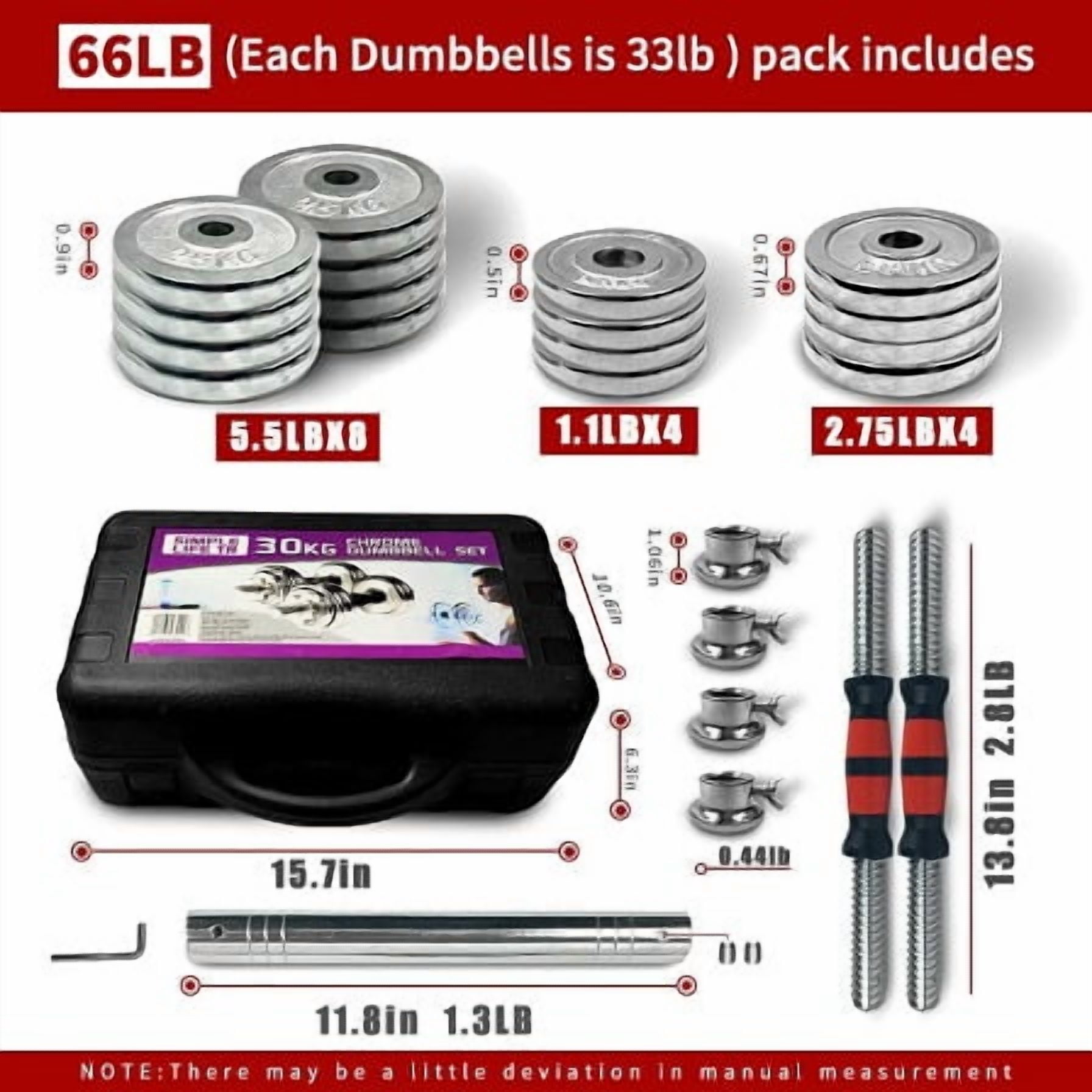 Exercise Equipment Adjustable Dumbbell Set Home Gym Cast Iron Barbell Sets with Carry Box 66lbs Office Bedroom Workout Dumbbells for Men and Women,Home Gym Equipment