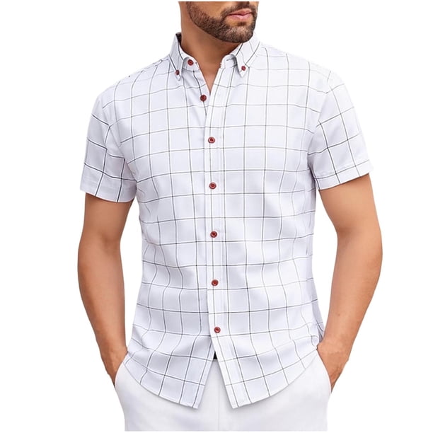 Mens Casual Manga Corta Botón Abajo Camisas Sueltas Botones a Ajedres Cuello Turndown Blusa Camisa para Verano / Primavera Al Aire Libre Casual Diario