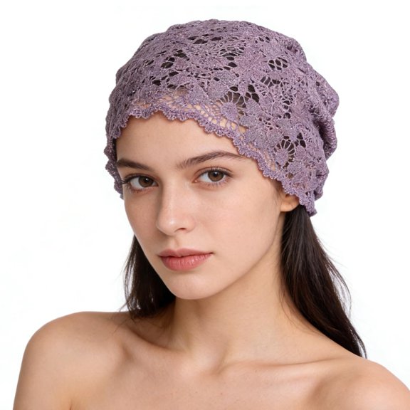 Lace Turban Headwear for Women Rhinestone Floral Cutout Skull Cap Beanie Hat Headwrap Slouchy Hat Hair Wrap.