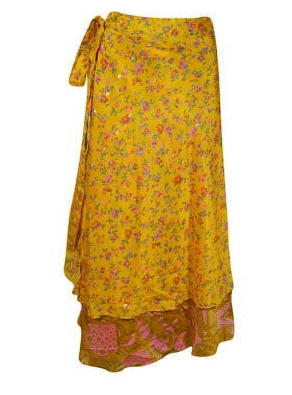 Mogul Womens Long Wrap Skirt, Yellow Floral Sari Skirt One Size