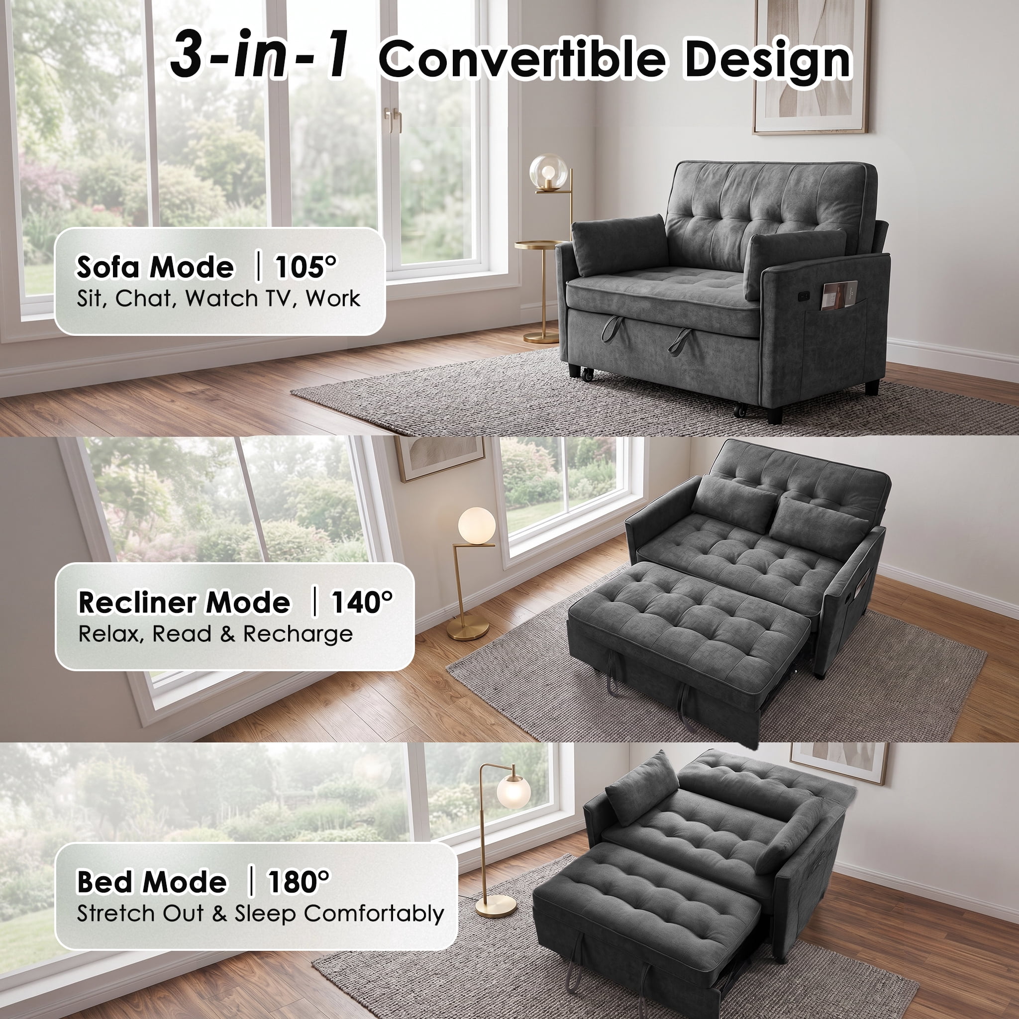 Anpport 54" 3‑in‑1 Convertible Sofa Bed, Towel Fabric, 3‑Position Adjustable Backrest with USB Charging Ports, for Living Room, Apartment, Dark Gray