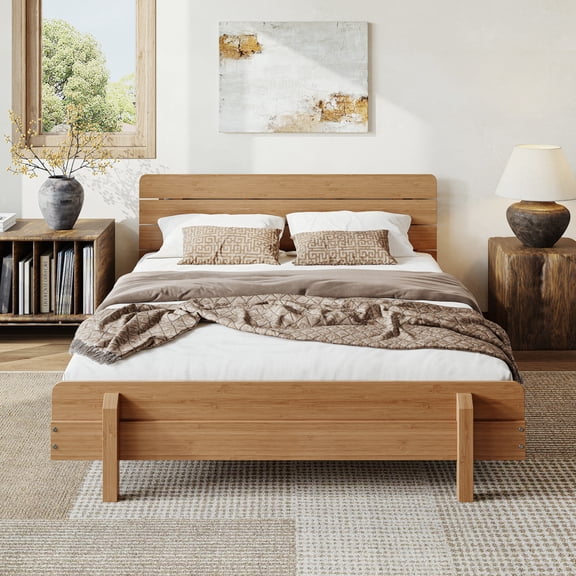 Queen SIze Platform Bed with Headboard, Bamboo-made Full/Queen/King Bed Frame with Upgraded Support Slats, Natural