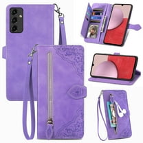 Dteck Case for Samsung Galaxy A14 5G,Magnetic Leather 7 Card Slots Zipper Wallet Case Shockproof Rubber Kickstand Cover with Wrist Strap, Purple