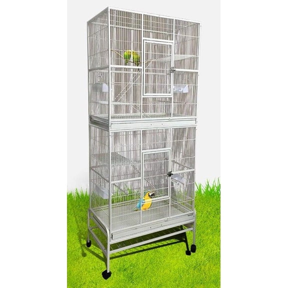 76" X-Large Double Stacker Wrought Iron Cage Bird Flight Parrot Breeding Rolling Stand Home Cage With Side Doors for Cockatiel Conure Canary Aviary Finches Budgies