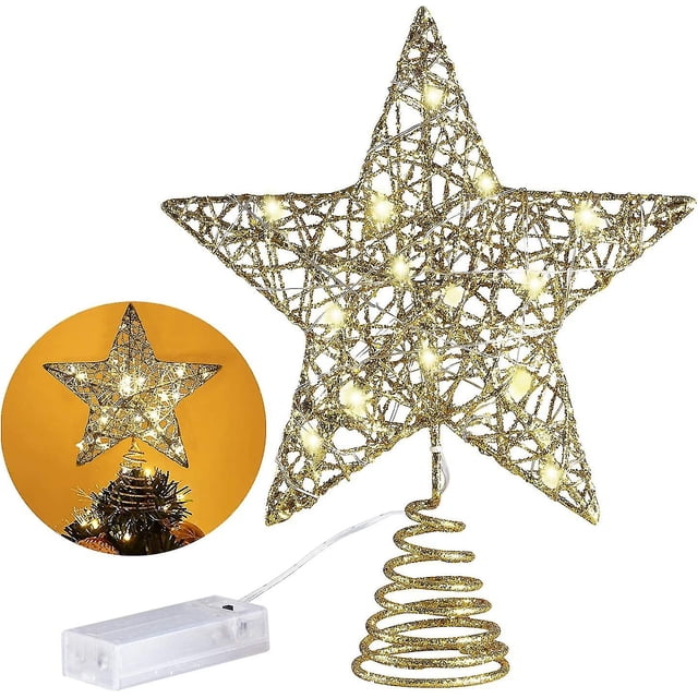 Adorno para árbol de Navidad de 10 pulgadas con 20 luces LED, decoraciones para árboles de Navidad de metal con brillo dorado
