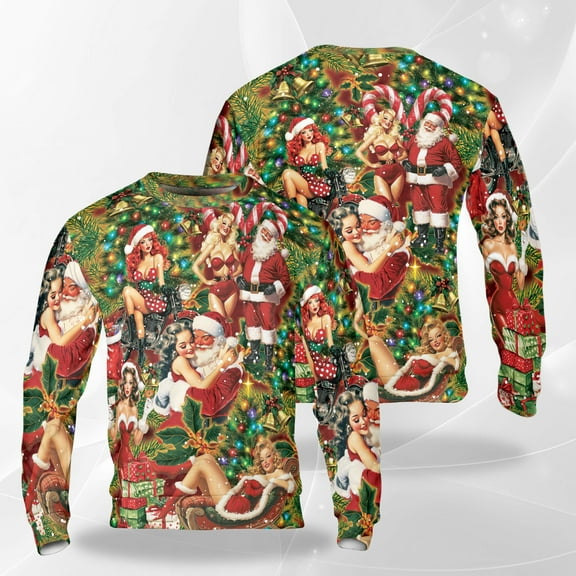 Vintage Pin-Up Santa Christmas Sweatshirt, Retro Holiday Lights and Gifts Crewneck, Funny Festive Pullover for Men Women