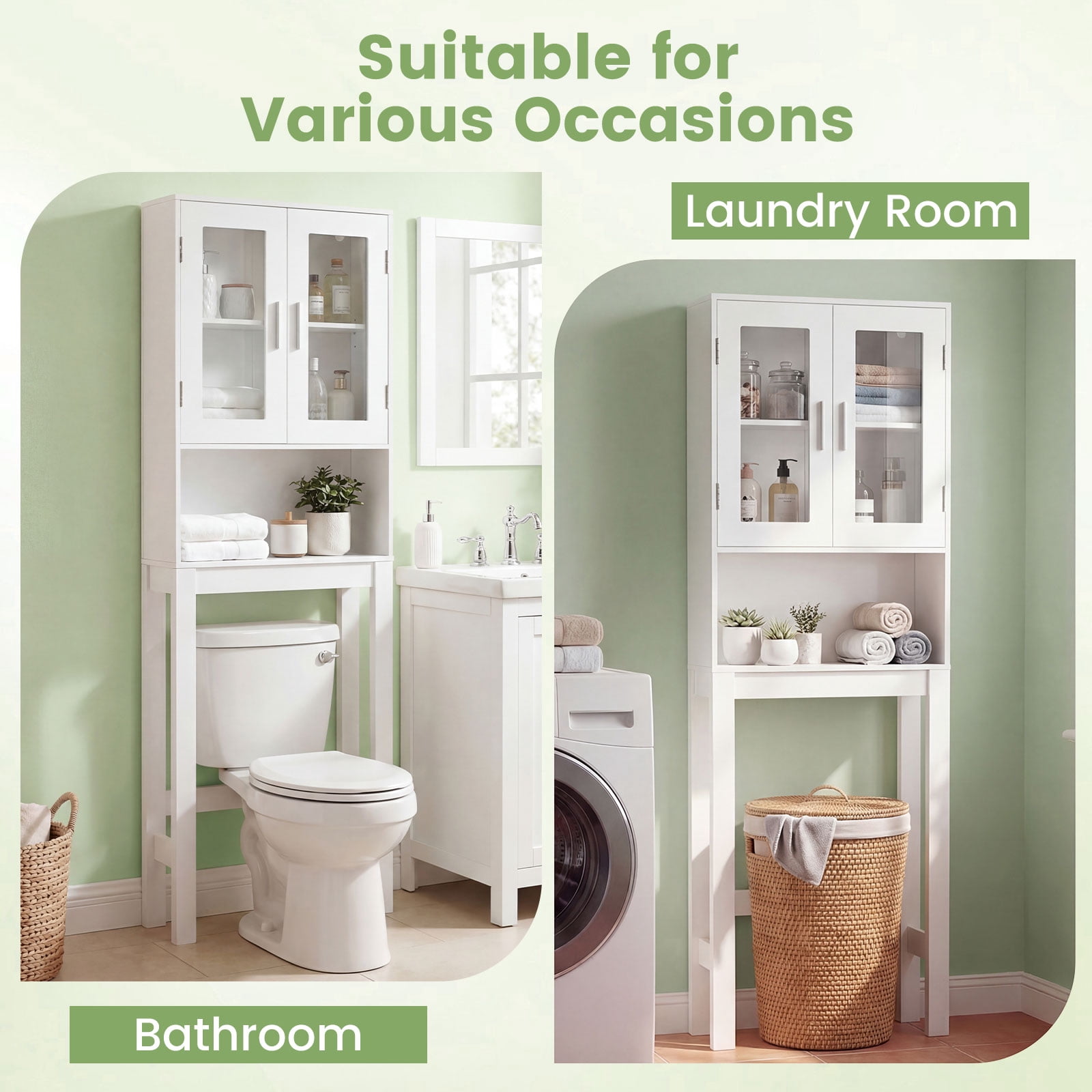 Giantex Wooden Over The Toilet Storage Cabinet, Home Bathroom Space Saver, Double Doors, Adjustable Shelf Organizer, Open Storage Shelf, Freestanding Toilet Storage Rack Unit