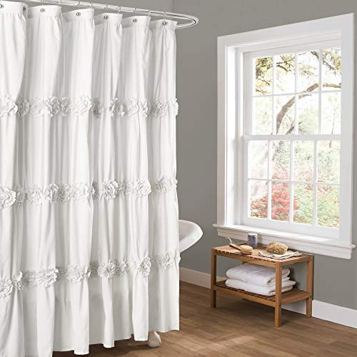 Lush Decor - C12864P13-000 Darla Ruched Floral Bathroom Shower Curtain, 72” x 72”, White