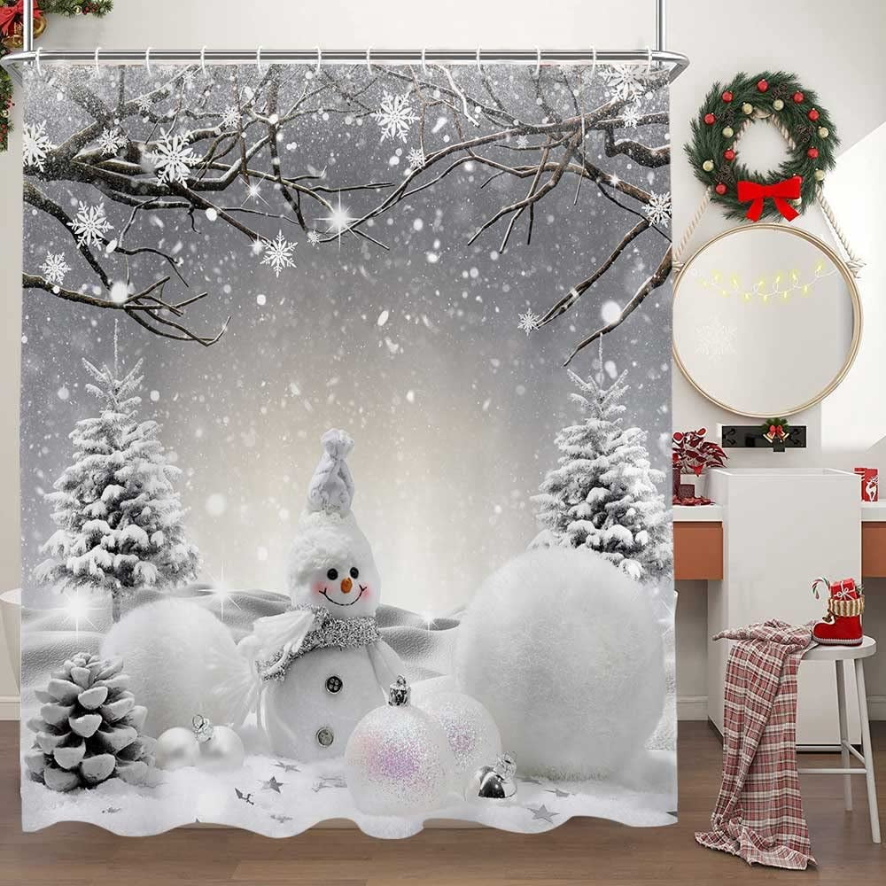 Newhomestyle Snowman Shower Curtain, Grey Winter Snowflake Holiday Xmas Fabric Shower Curtains Set for Bathroom, 72x72 inches
