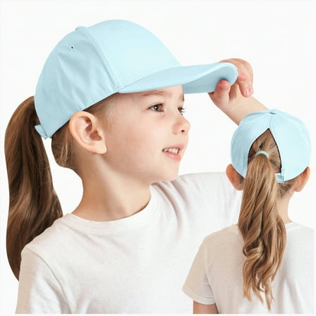 KPOPLK Kids Baseball Hat With Visor and Ponytail Hole - Sun Protection Cotton Beach Hat for Little Girls and Children(2-8 Years,Blue)