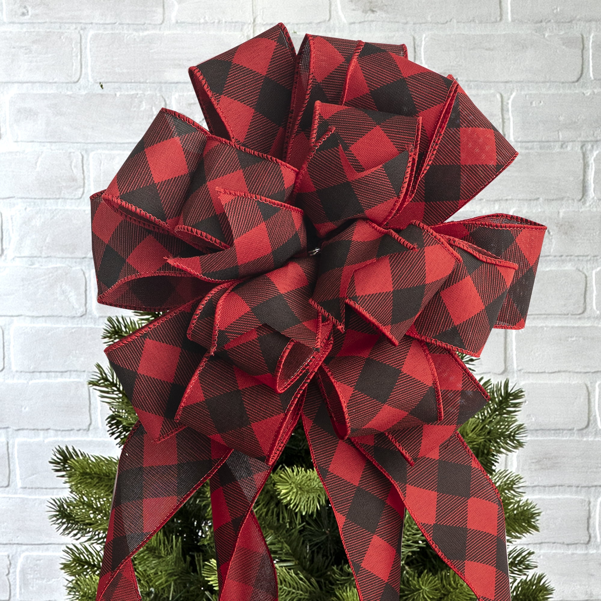 New Traditions Large Christmas Tree Topper Bow & 12 Mini Bows - Red & Black Ribbon