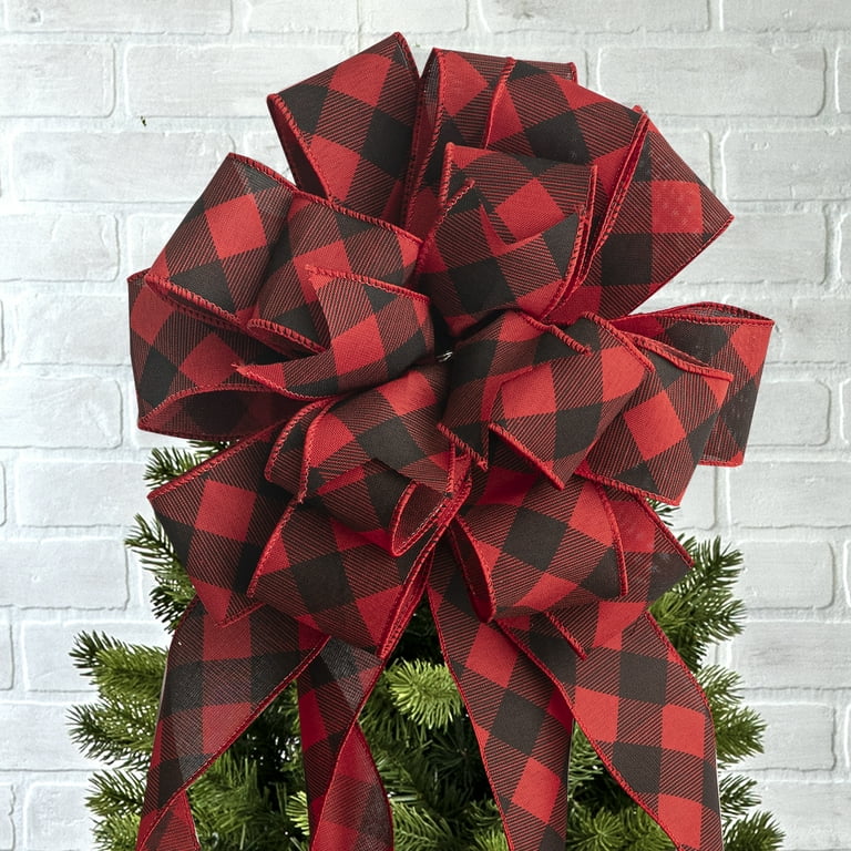 New Traditions Simplify Your Holiday Red, Black and Gray Large Windowpane Plaid Ribbon Christmas Tree Topper Bow and 12 Mini Bows (13-Pieces)
