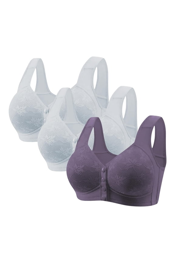 Easy Snap Front Closure Bras for Older Women, 3-Pack - No Underwire Push Up, Supportive Full Coverage Wireless Bra for Seniors