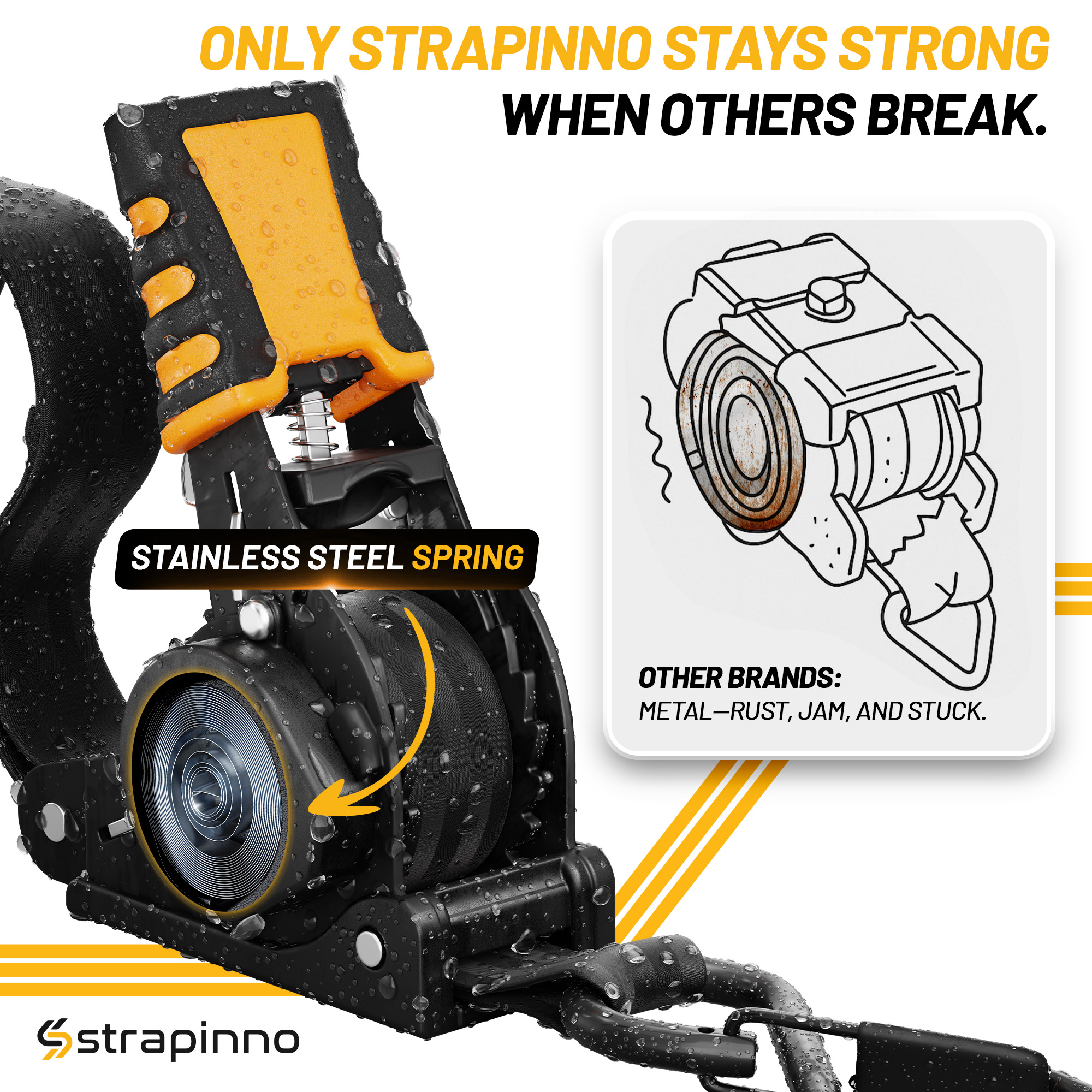 Strapinno Retractable Ratchet Straps 1 in x10ft, with Rubber-Coated Handles, S-Hooks, Secure Cargo Tie-Downs for Motorcycles, Bikes & Daily Use, Breaking Strength -1,500LBS/680KG (Black, 4 PK)