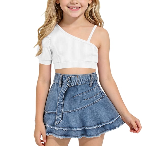 Amidoa Girls 2 Piece Outfits Summer Clothes Tank Top Cotton Short Sleeve Solid Color T-Shirt and Casual Shorts Kids Clothing Sets White Size 2T