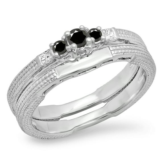 Dazzlingrock Collection 0.30 Carat (ctw) 10K Black & White Diamond 5 Stone Engagement Ring Set 1/3 CT, White Gold, Size 9