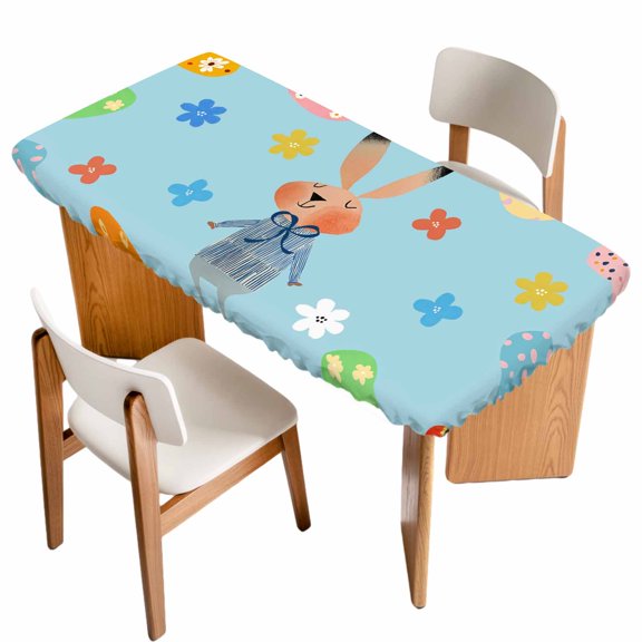 Spring Easter Table Cloths for 5 Foot Rectangle Tables, Bunny Colorful Eggs Floral Blue Patio Waterproof Elastic Fitted Tablecloths, Washable Rectangular Table Cover for Camping