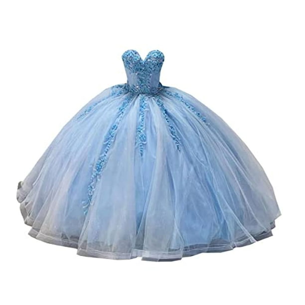Ball Gown Quinceanera Dresses Cocktail Graduation Sweet 15 16 Dress Floral Princess Flowers Lace Beads Tulle Long Cheap Light Blue 2 Walmart