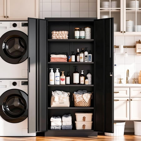 IKIMI 72" Metal Garage Storage Cabinet with 4 Adjustable Shelves and Locking Doors, Tall Freestanding Garage Cabinet for Office, Home, Kitchen, Black(72“H x 36“W x 18" D)
