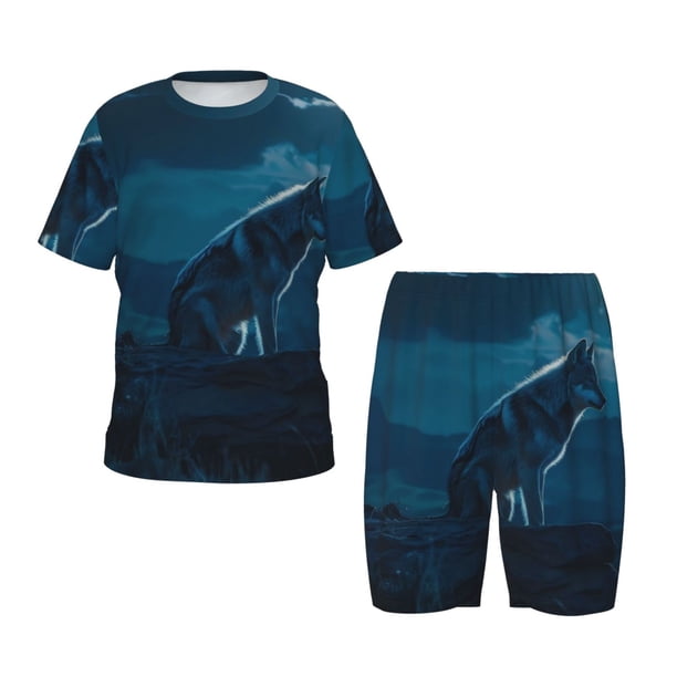 Balery Lonely Night Wolf Conjunto de Pijama Infantil de Manga Corta con Estampado – Ropa de Dormir de Algodón Suave-3X-Large