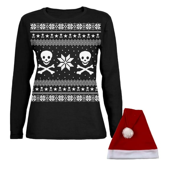 Skull & Crossbones Ugly Christmas Sweater Black Womens Long Sleeve T Shirt with Santa Hat