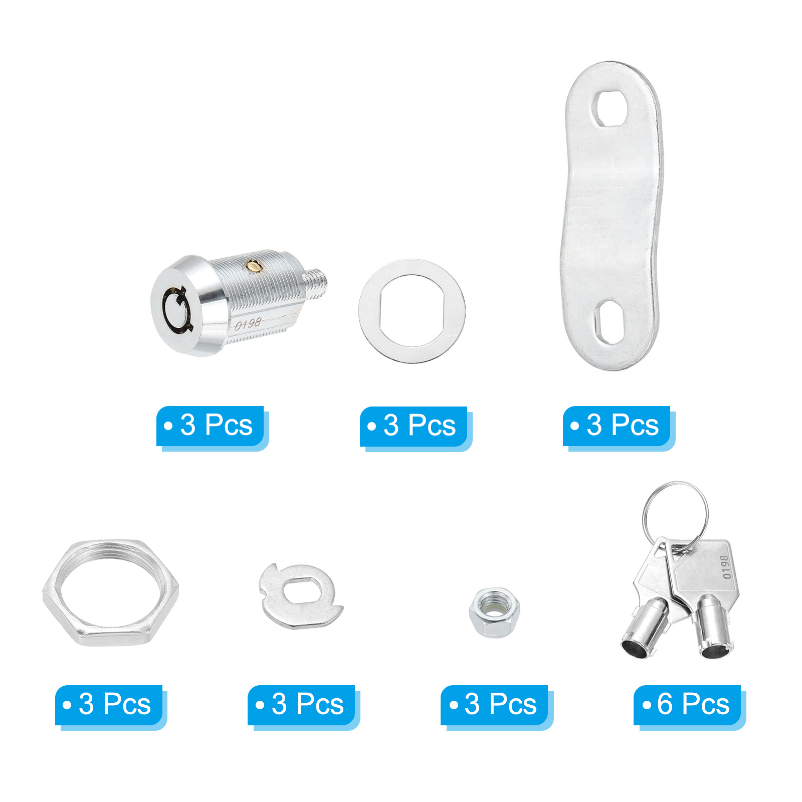 1/8 Inch Cabinet Locks with Iron Key, Cam Replacement Lock Cylinder Toolbox Lock Keyed Alike, Silver 3 Pack