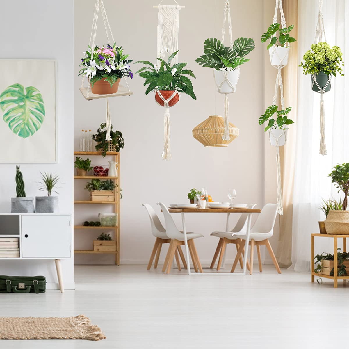 EHWINE 5 Pack Hanging Planter, Macrame Plant Hanger Tall Handmade Indoor Plant Stand Hanging Planters for Indoor Plants Flower Pots Holder Stand for Indoor Outdoor Boho Home Decor